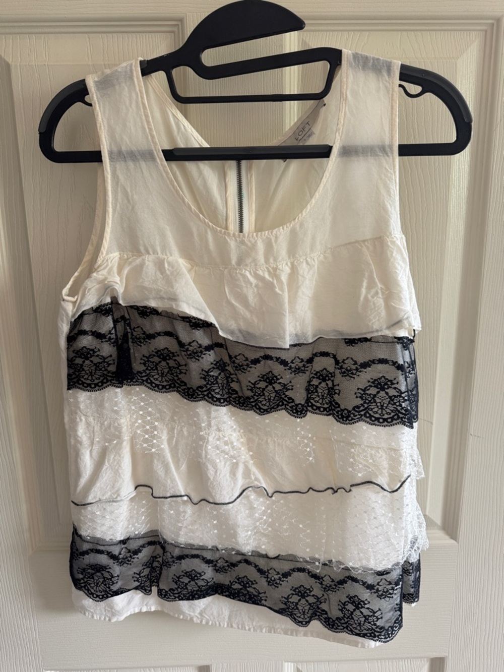 LOFT Ivory Tank with Black Lace Panels